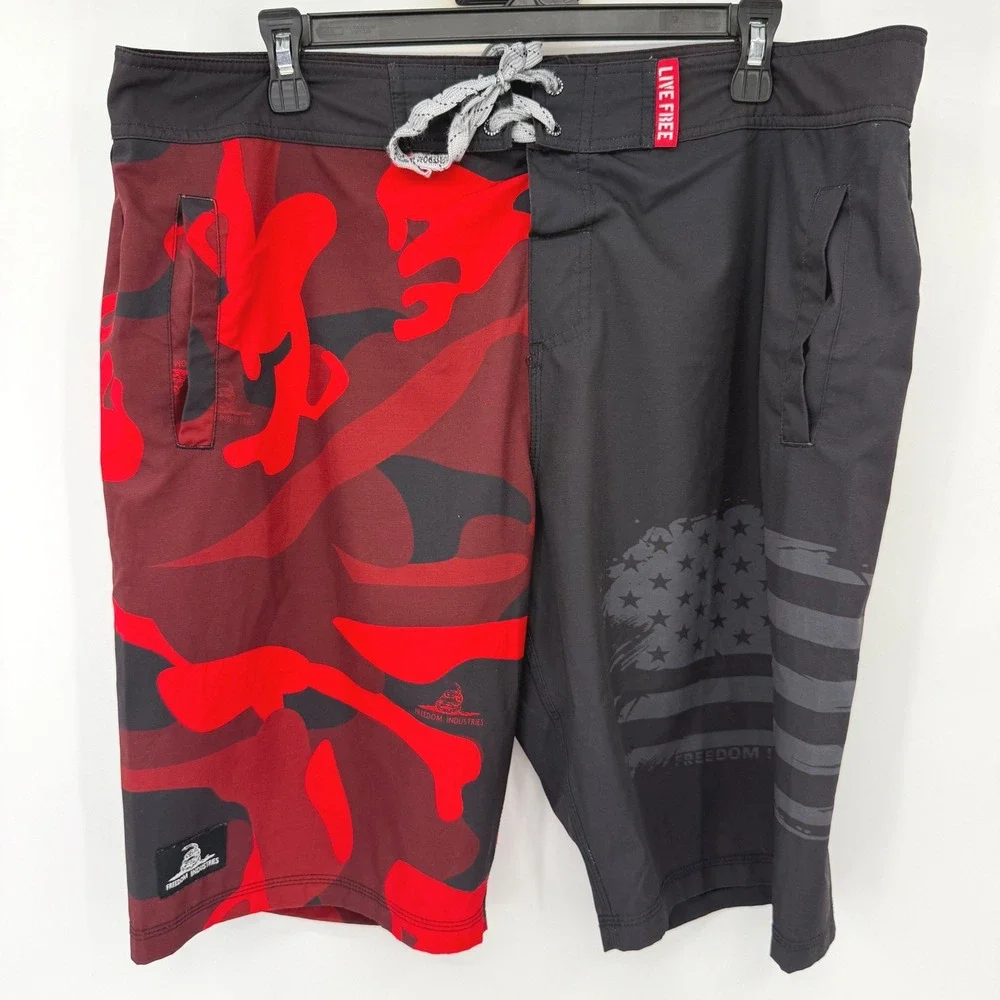 Freedom Industries Lot 2 Board Shorts Mens 36 Camo Red Black Patriotic Gadsden